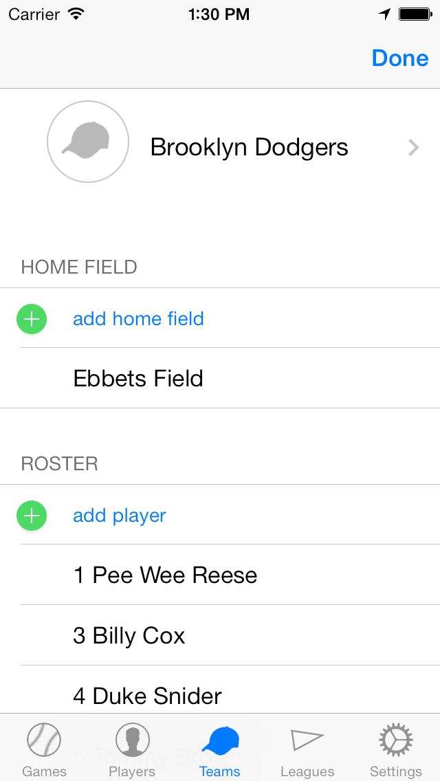 Brooklyn Dodgers Team screen